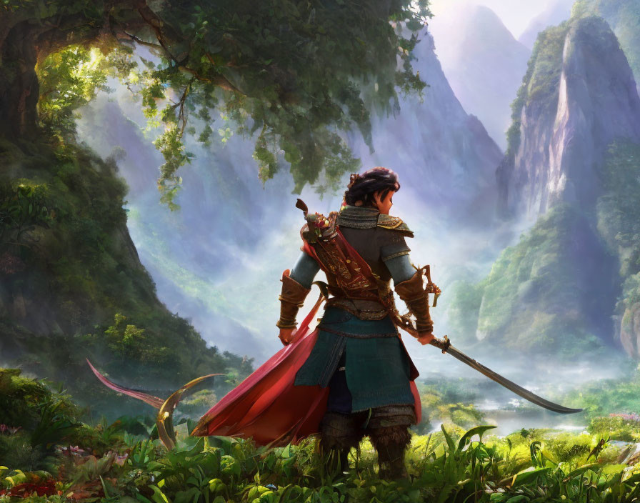 Ancient warrior in armor with sword and red cape in misty mountain landscape