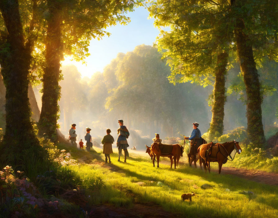 Sunlit forest scene with people walking, two on horseback, and a dog in serene setting