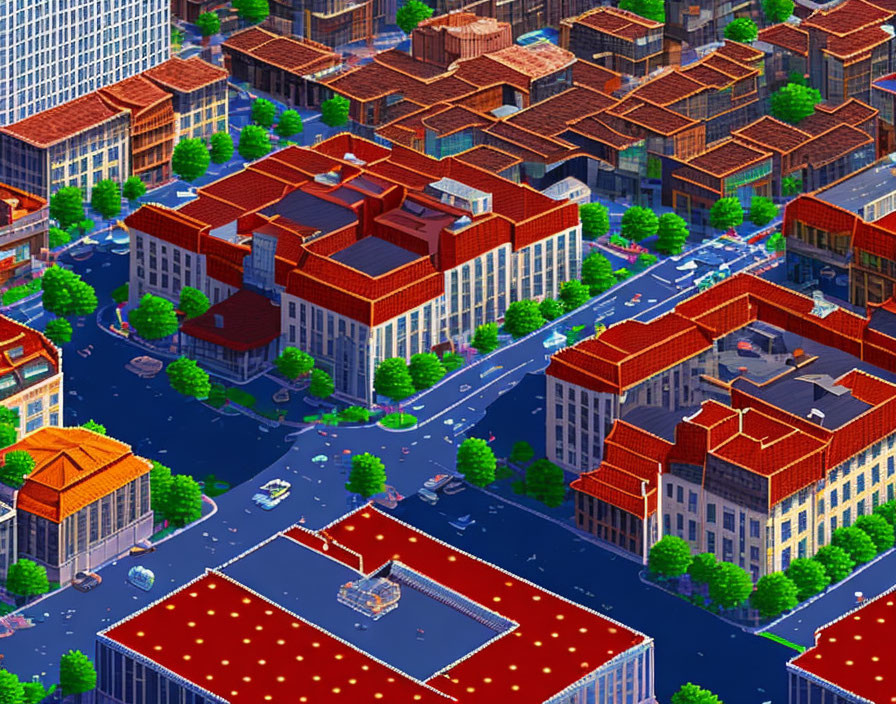 Detailed Isometric Urban Area with Colorful Buildings and Red Town Square