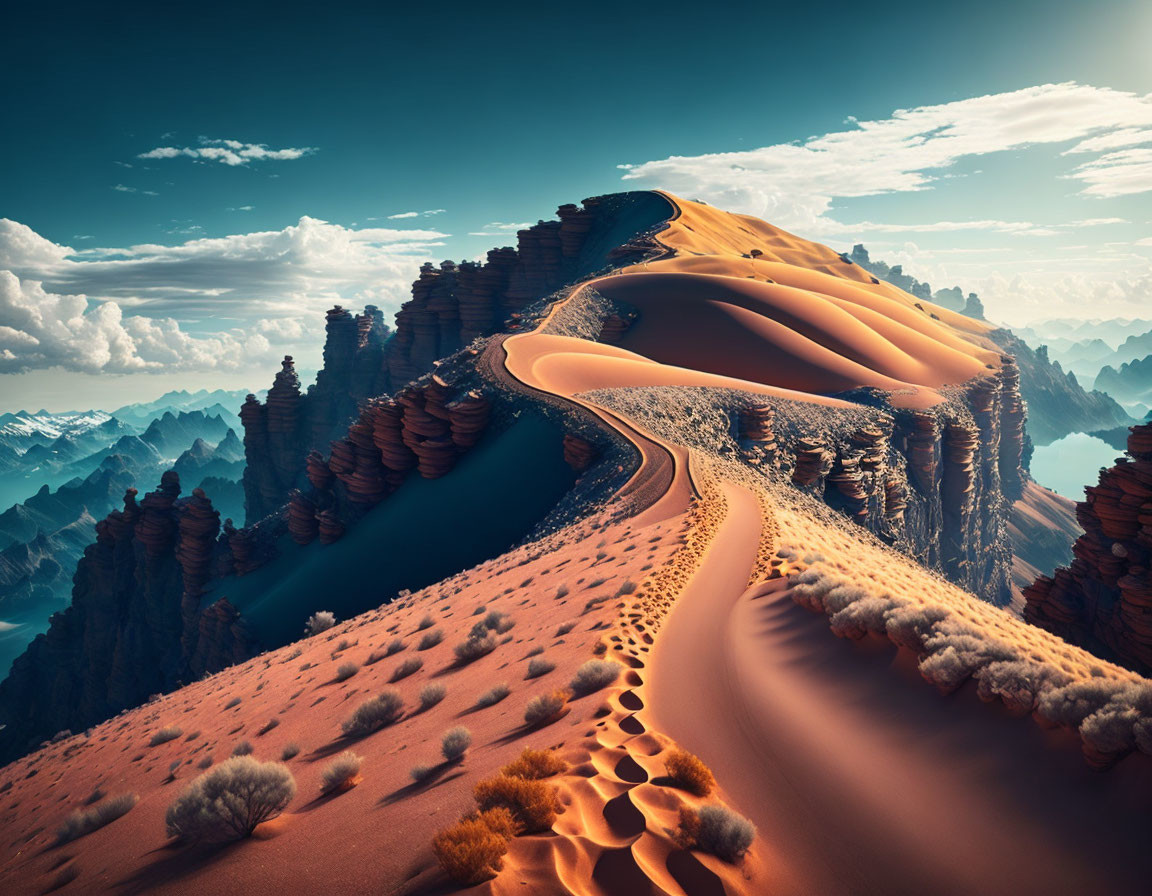 Scenic desert landscape with winding road and sand dunes