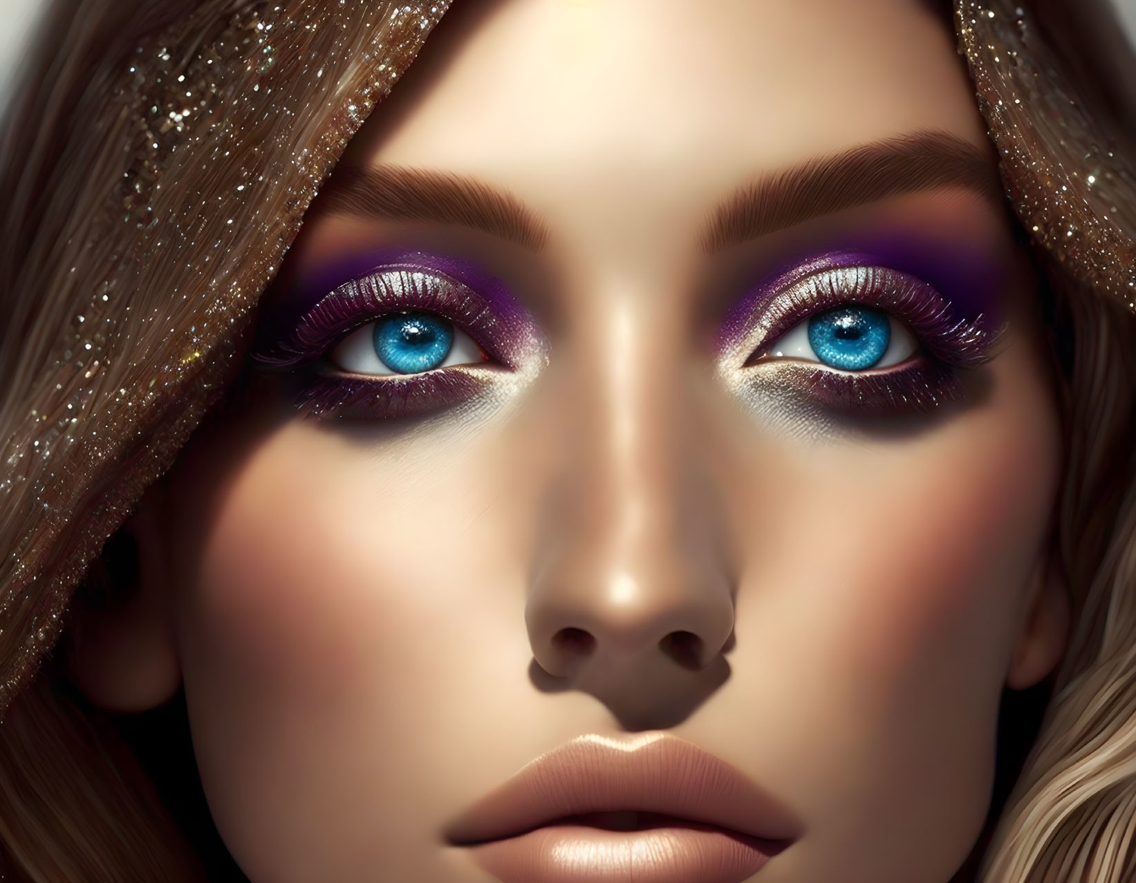 Close-up portrait of woman with blue eyes and purple eyeshadow on light background