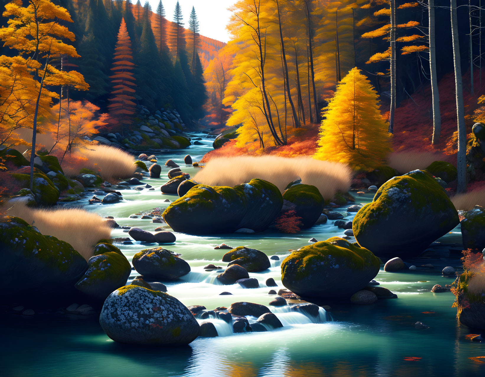 Tranquil autumn stream with golden trees and moss-covered rocks