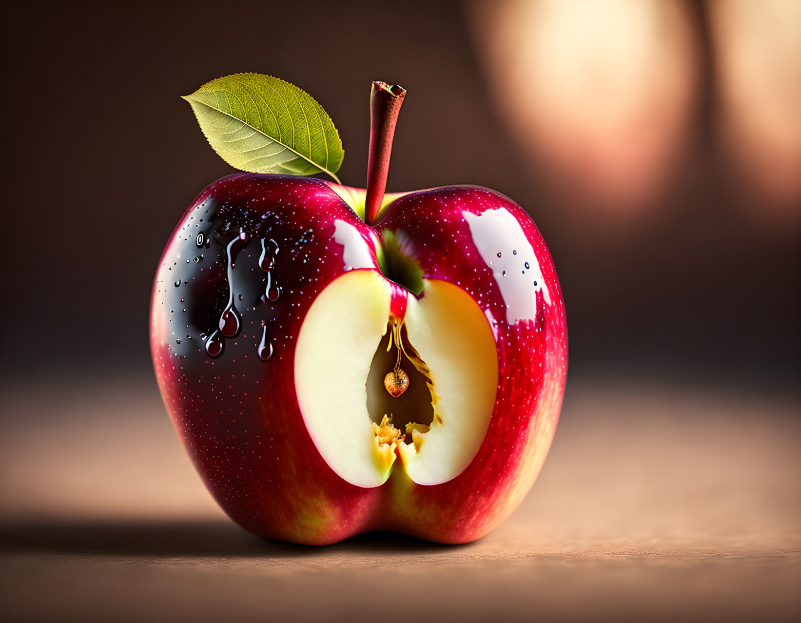 Ripe red apple with water droplets, cut to show core and seeds