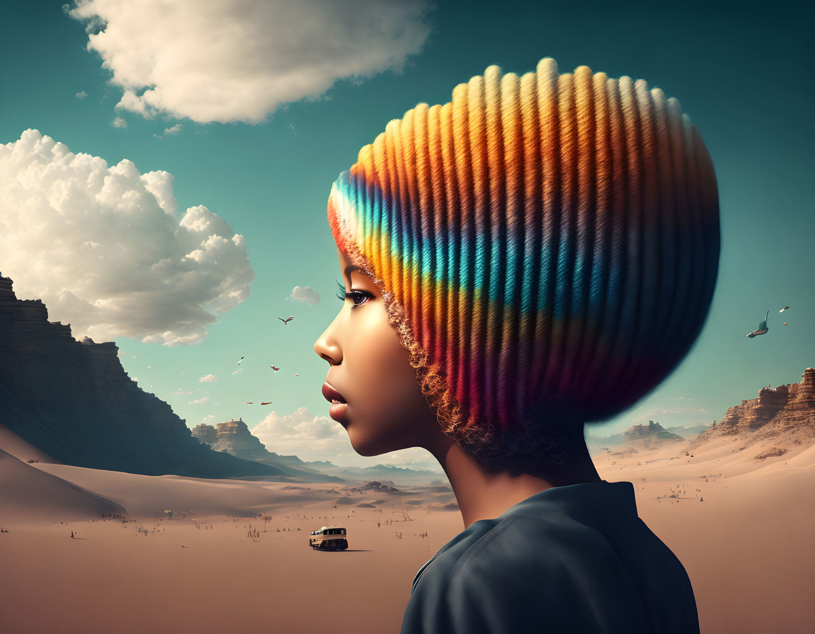 Colorful Striped Hairstyle in Surreal Desert Landscape with Birds and Bus