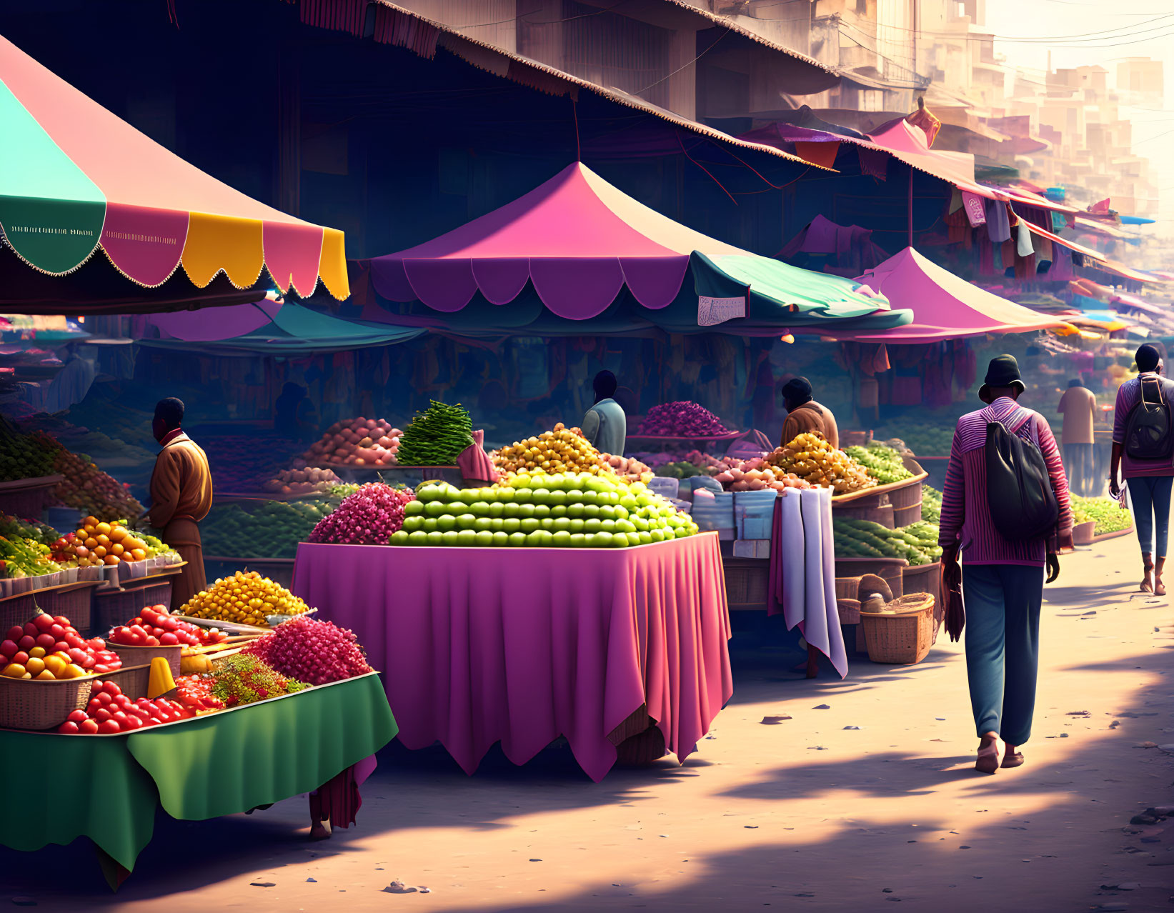 Vibrant outdoor market with colorful canopies and fresh fruits in urban setting