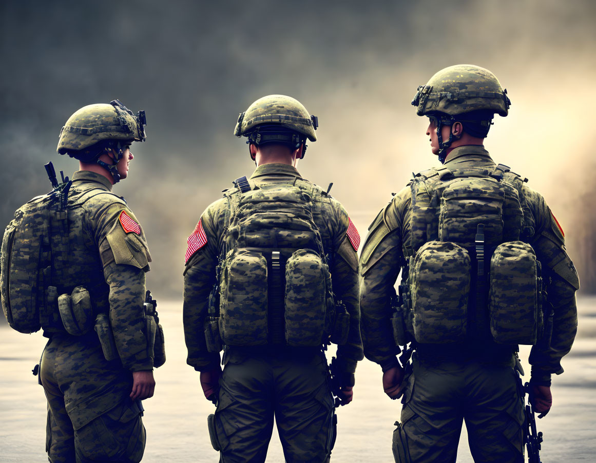 Three soldiers in combat gear displaying American flag patch on uniforms