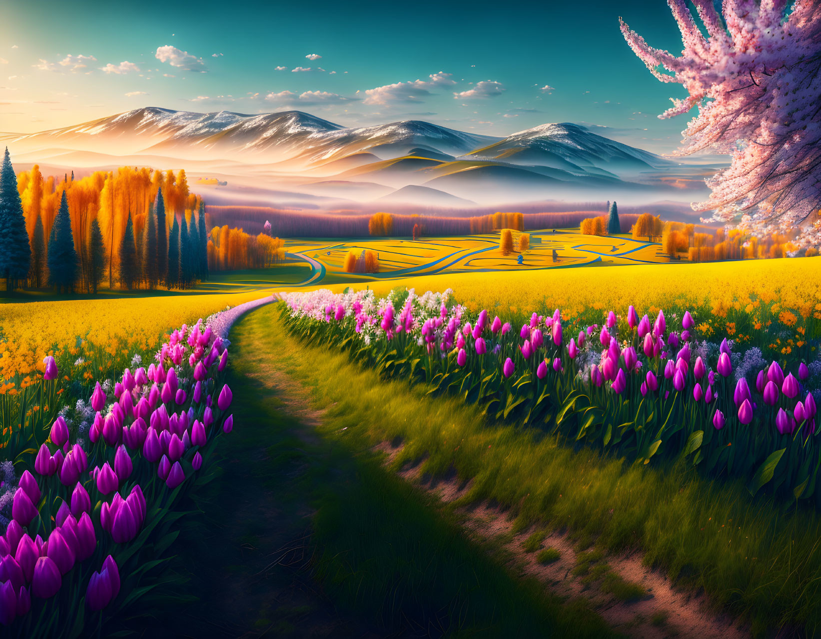 Colorful Tulip Fields and Rolling Hills Landscape at Sunset