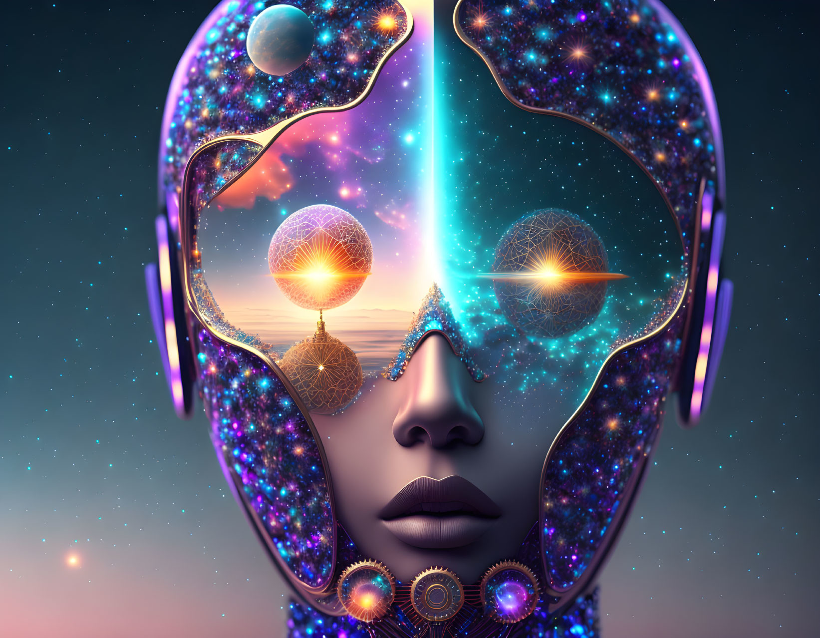 Surreal humanoid face with space and celestial bodies integrated into its visage