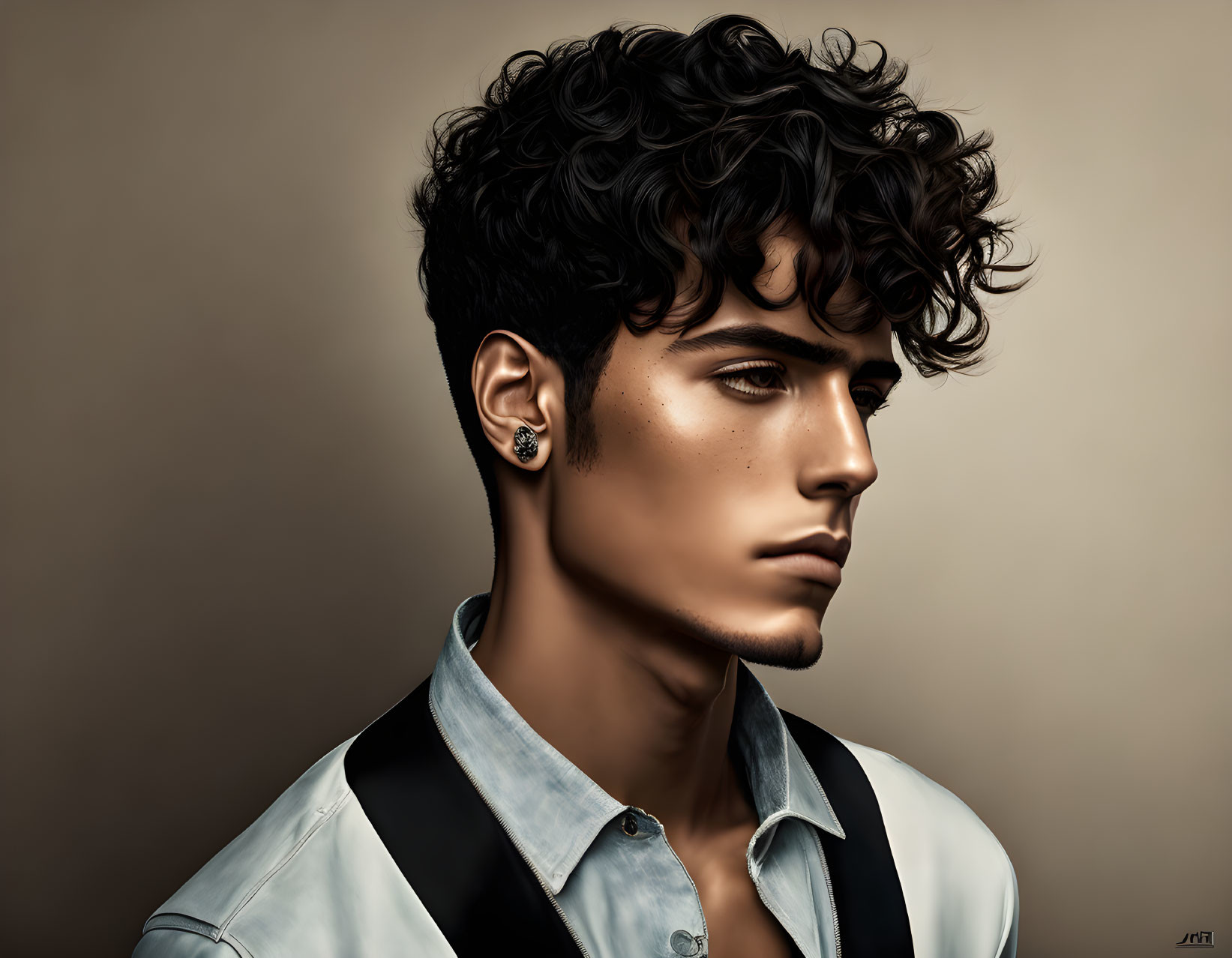 Digital art portrait of a man with curly hair and piercing gaze in black vest and white shirt with e