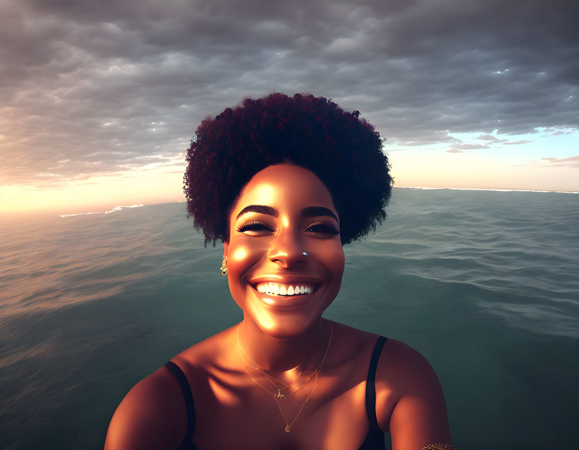 Curly-Haired Woman Taking Selfie by Ocean at Sunset