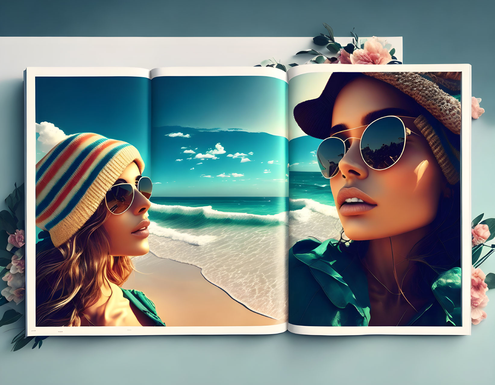 Magazine with Woman in Sunglasses and Beach Scene Spread