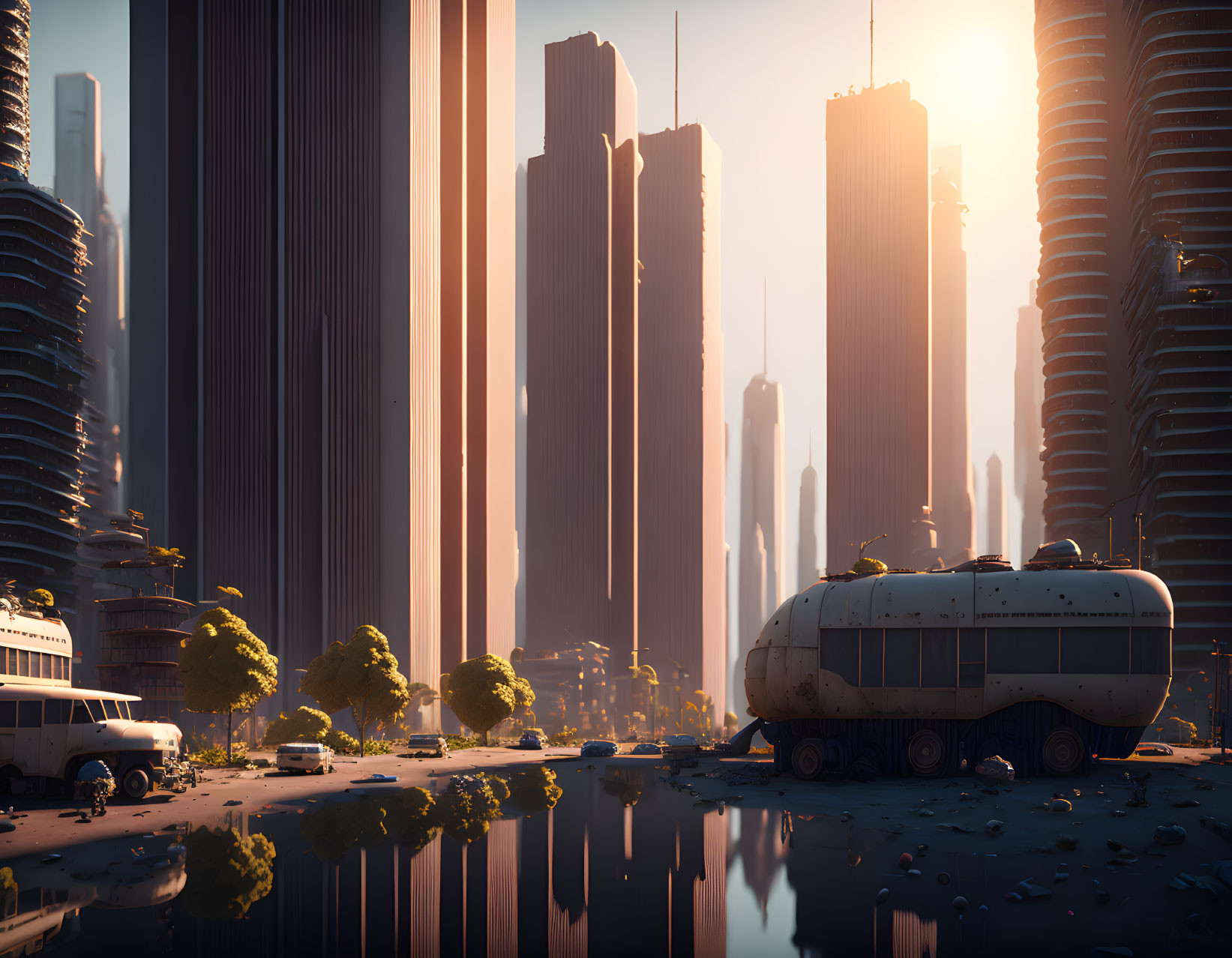 Futuristic sunset cityscape with skyscrapers, water body, and capsule vehicle