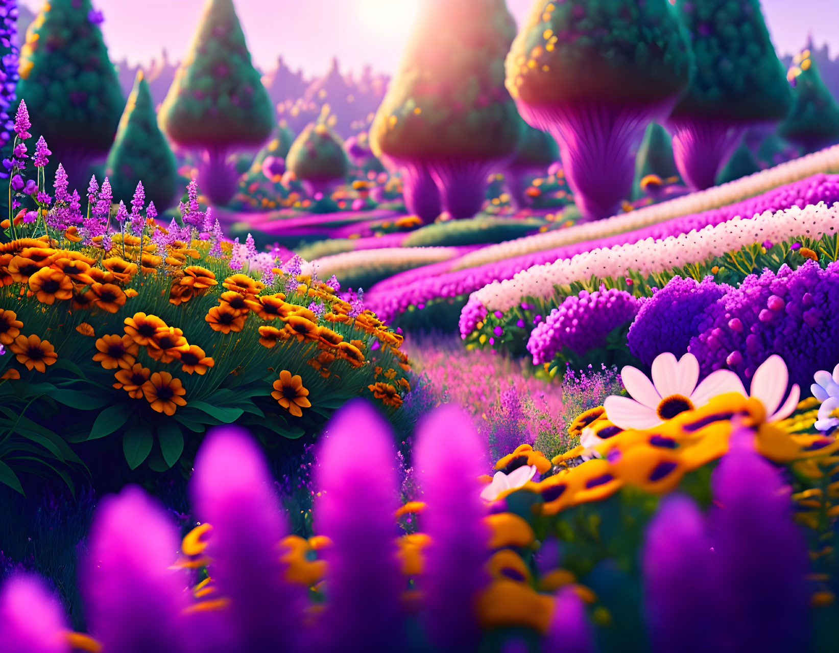 Colorful flowers and mushroom trees in vibrant fantasy landscape