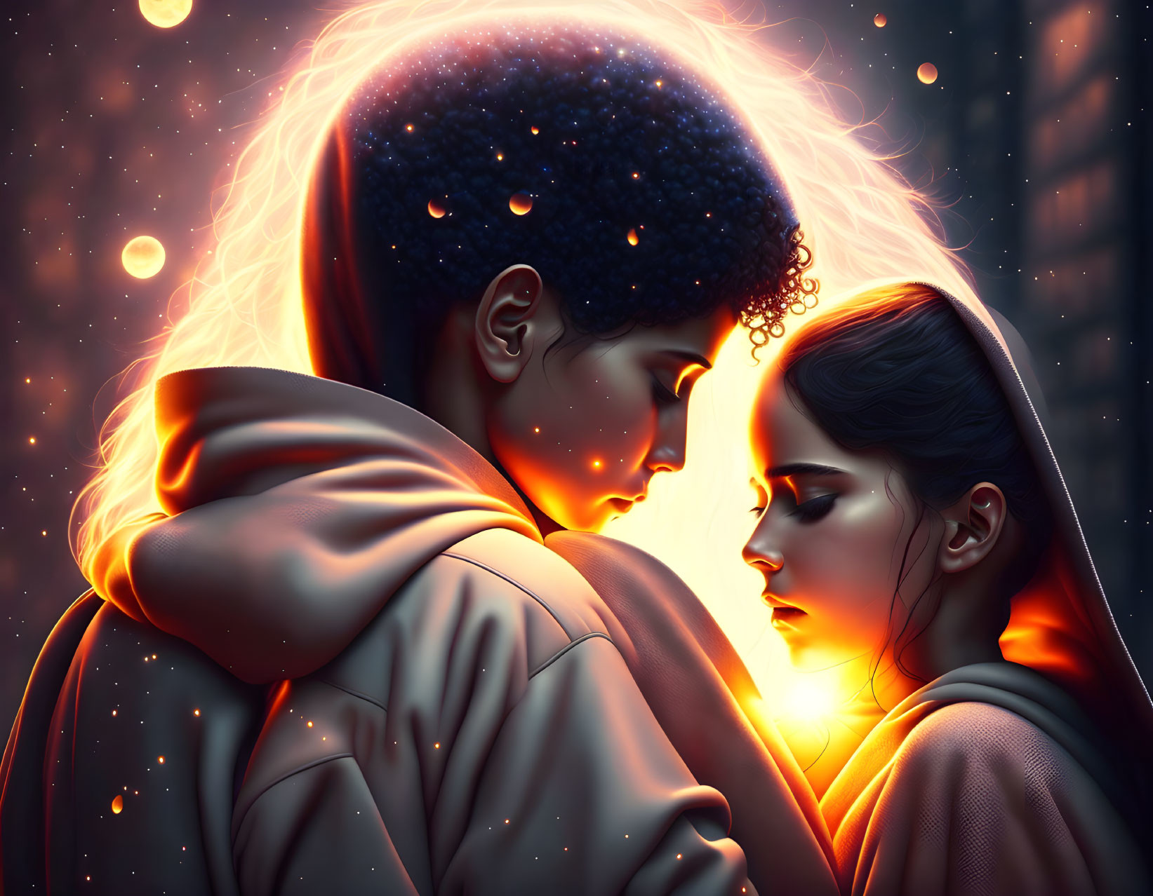 Intimate portrait of two people in warm glow amid starry background