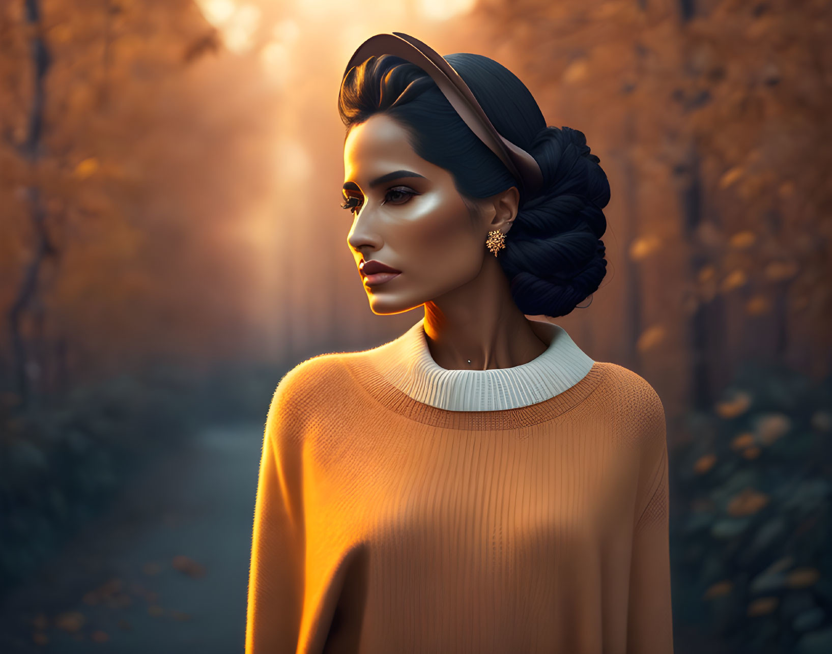 Digital portrait of woman in headband and orange sweater against autumn forest backdrop