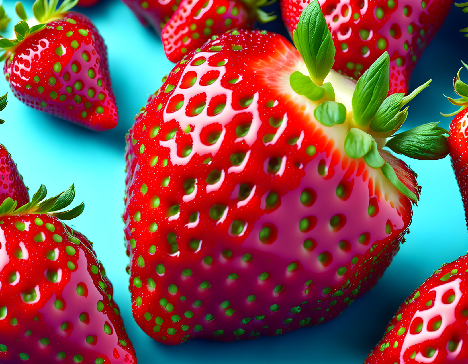 Ripe red strawberries with green stems on teal backdrop