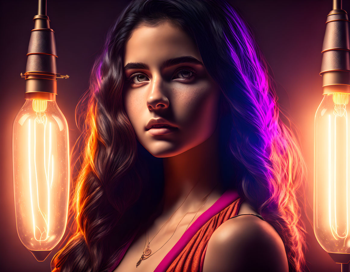 Woman with wavy hair amidst glowing light bulbs in multicolored lighting