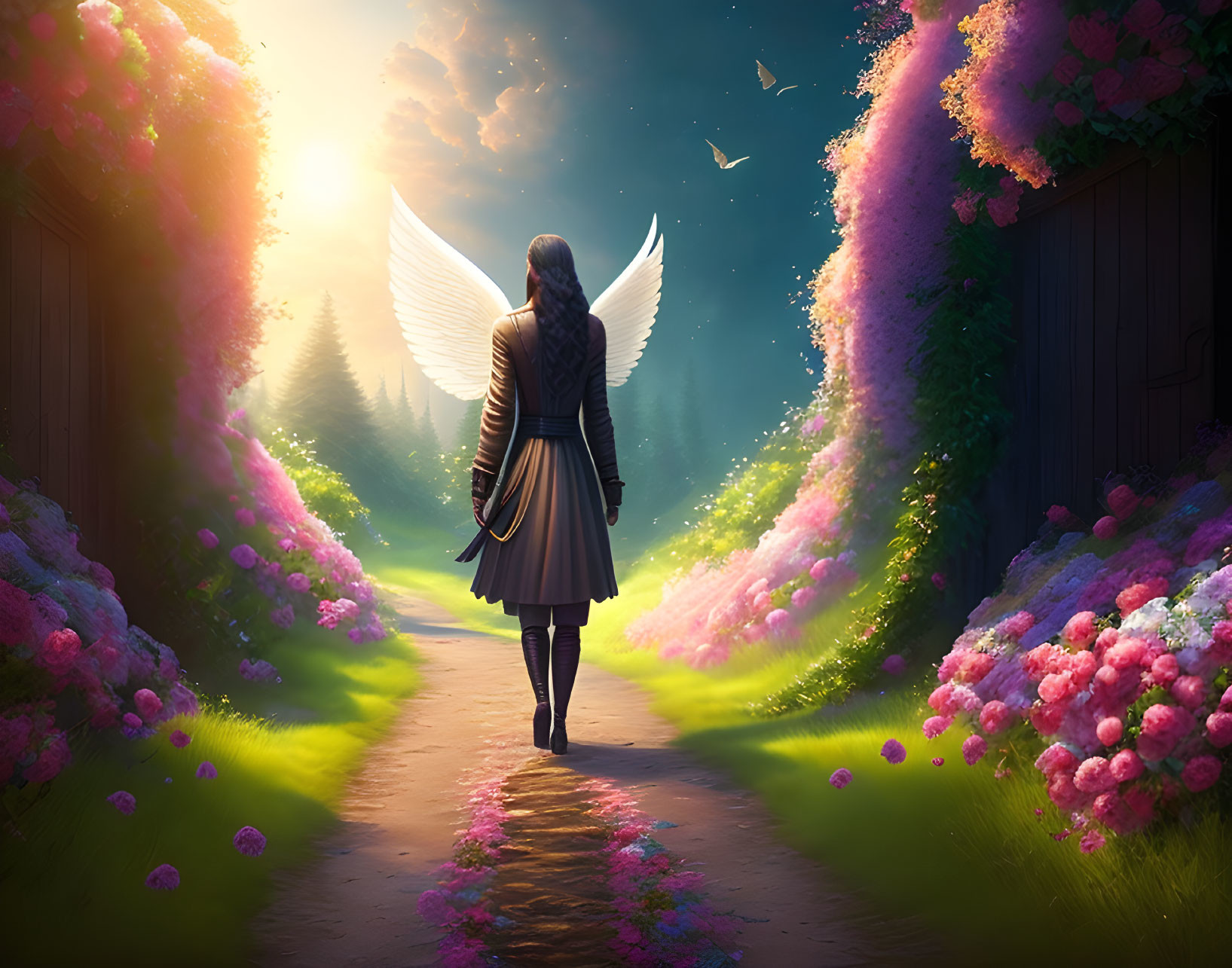 Person with wings in magical garden surrounded by lush flowers and trees under ethereal light