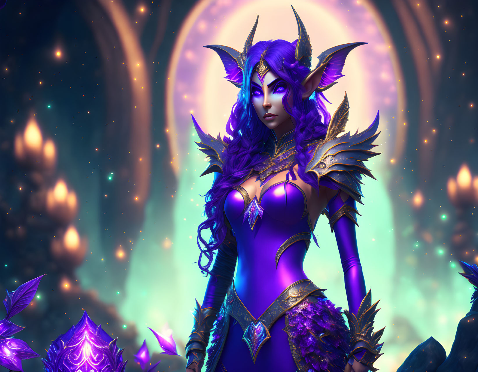 Purple-skinned female elf in striking armor amidst mystical backdrop with glowing orbs and celestial rings