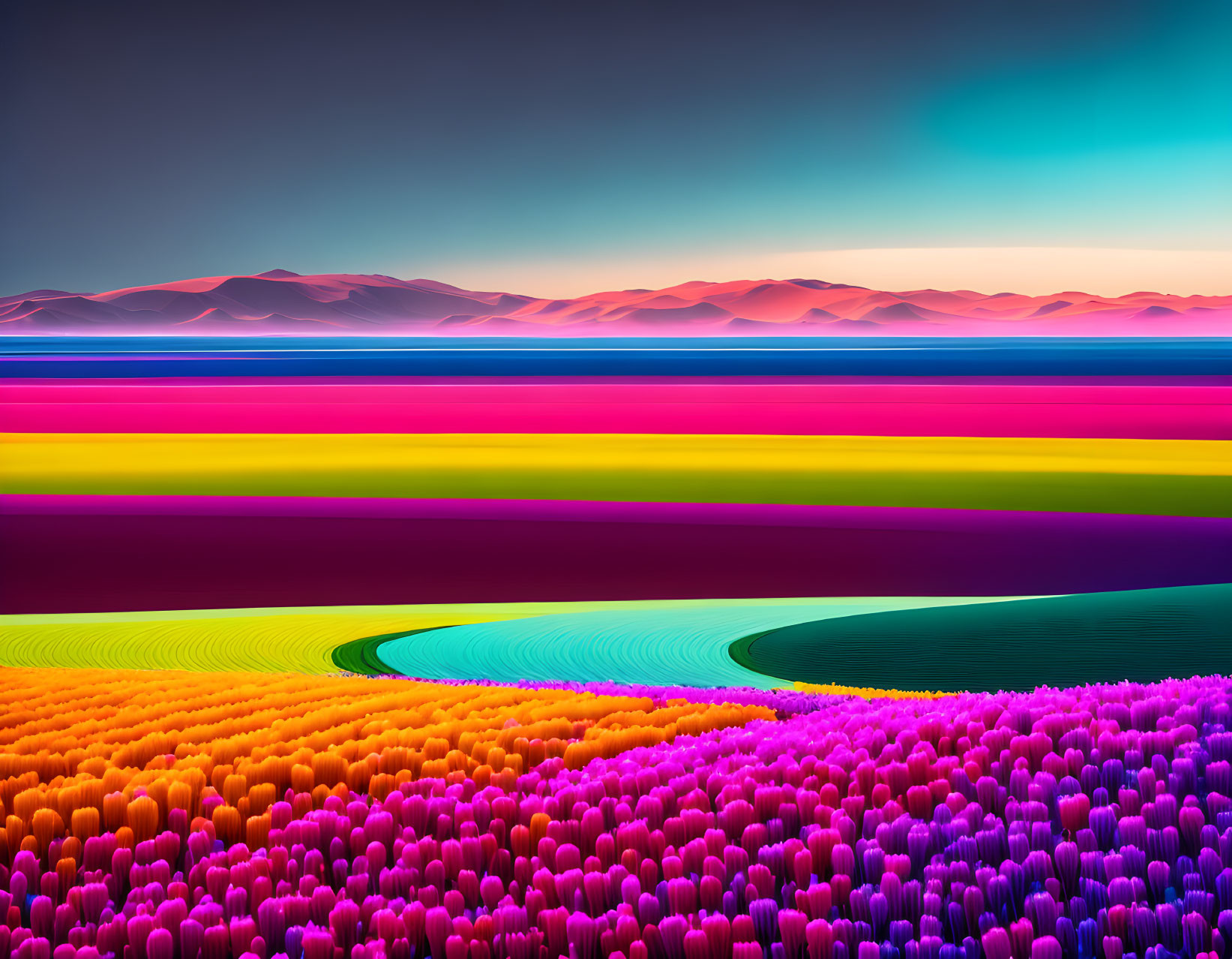 Vibrant multicolored abstract landscape with wavy foreground and smooth dunes under twilight sky