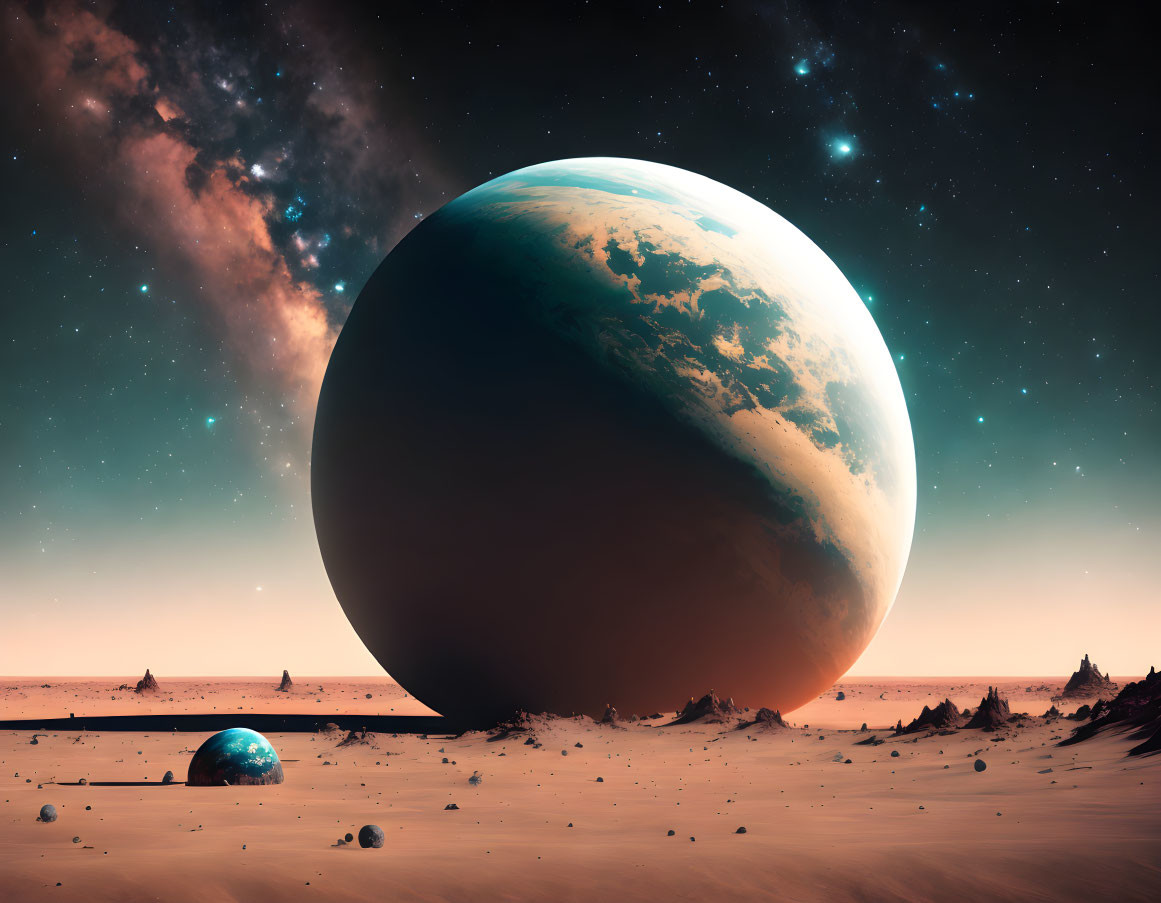 Surreal desert landscape with starry sky and celestial bodies