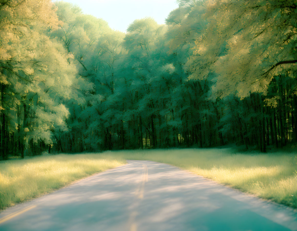 Misty forest road with sunlight filtering through lush green foliage