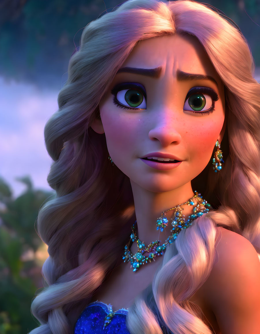 3D animated character with long braided hair and green eyes wearing blue earrings and necklace