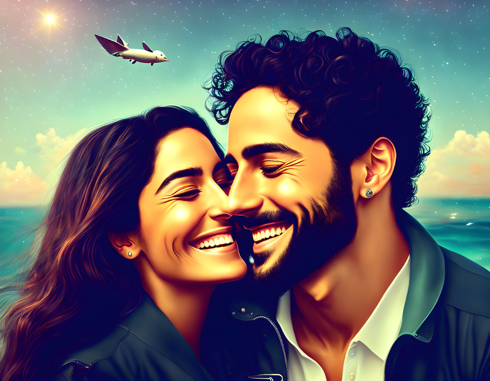 Happy couple leaning cheek to cheek in digital illustration with scenic backdrop.