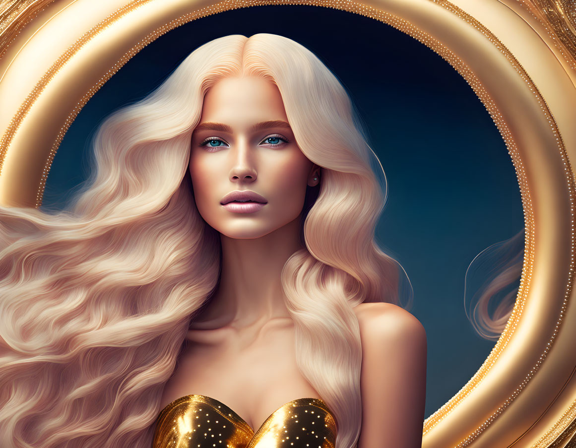 Digital artwork of a woman with blonde hair and blue eyes surrounded by golden ornate frames, emitting a