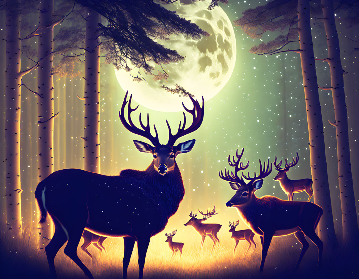 Moonlit forest scene with deer herd and stag silhouette.