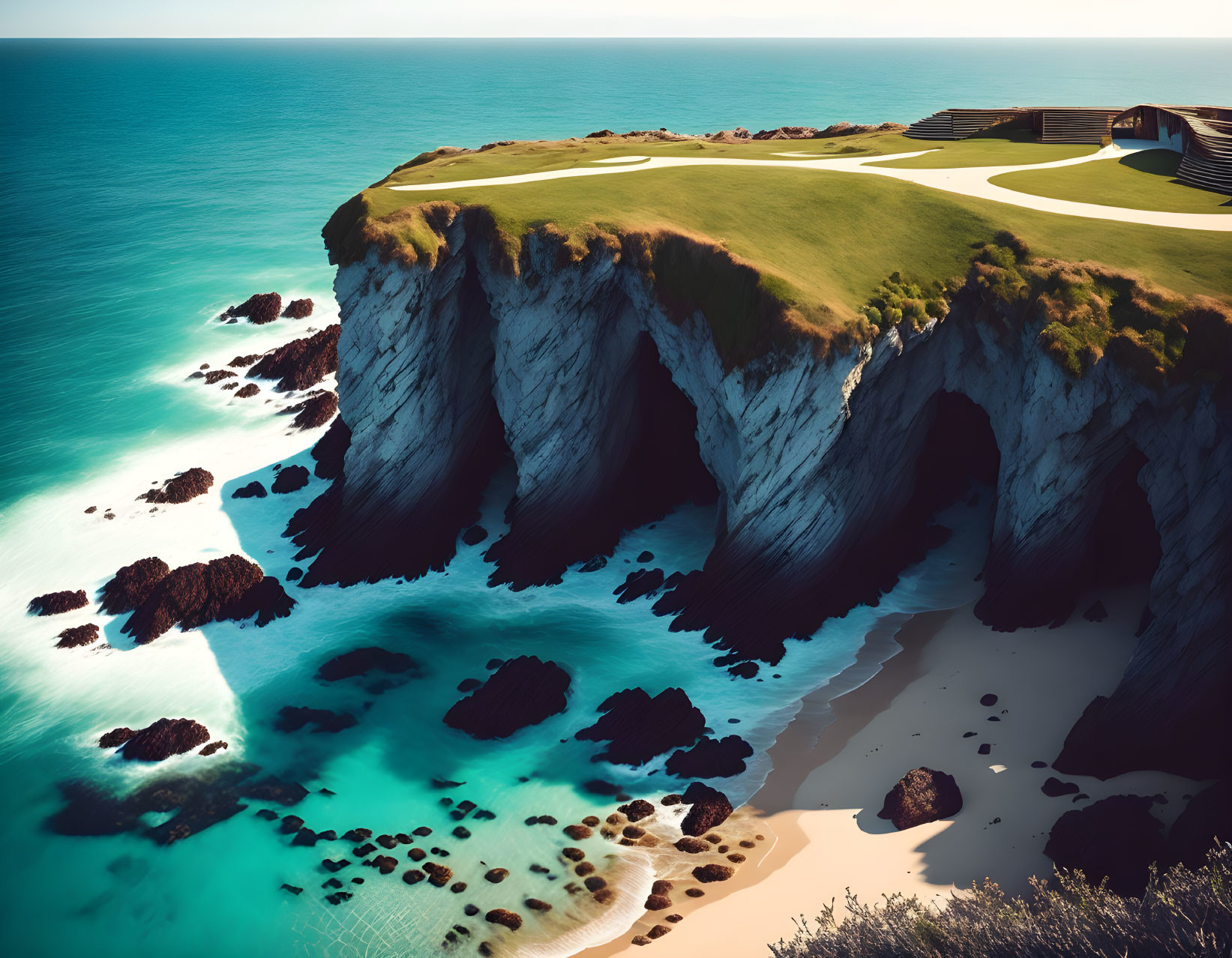 Verdant cliffs and turquoise sea at coastal golf course