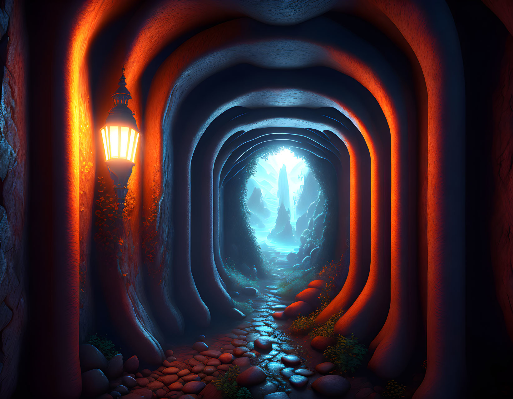 Mystical Cave Passage with Glowing Walls and Cobblestone Path