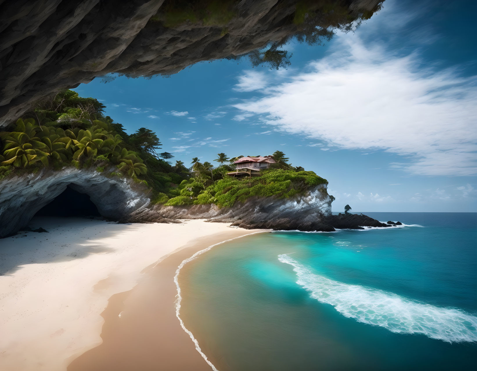 Secluded Beach with Turquoise Waters and Cliff-Top House