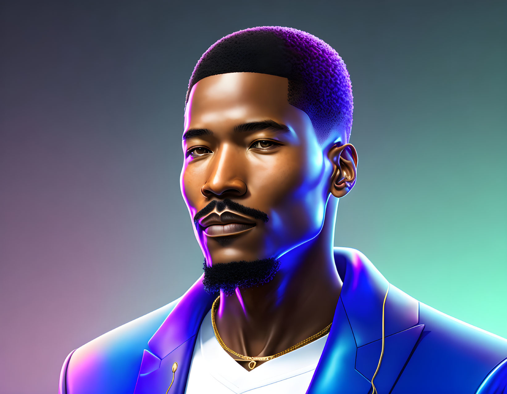 Stylized digital portrait of man with beard and mustache in blue jacket