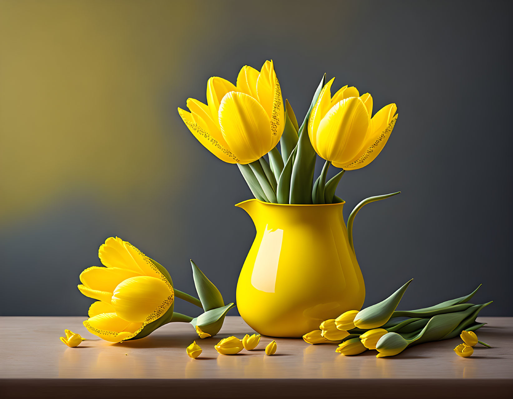 Vibrant yellow tulips in pitcher with scattered petals on grey background