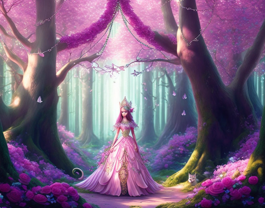 Regal figure in pink gown in fantastical purple forest