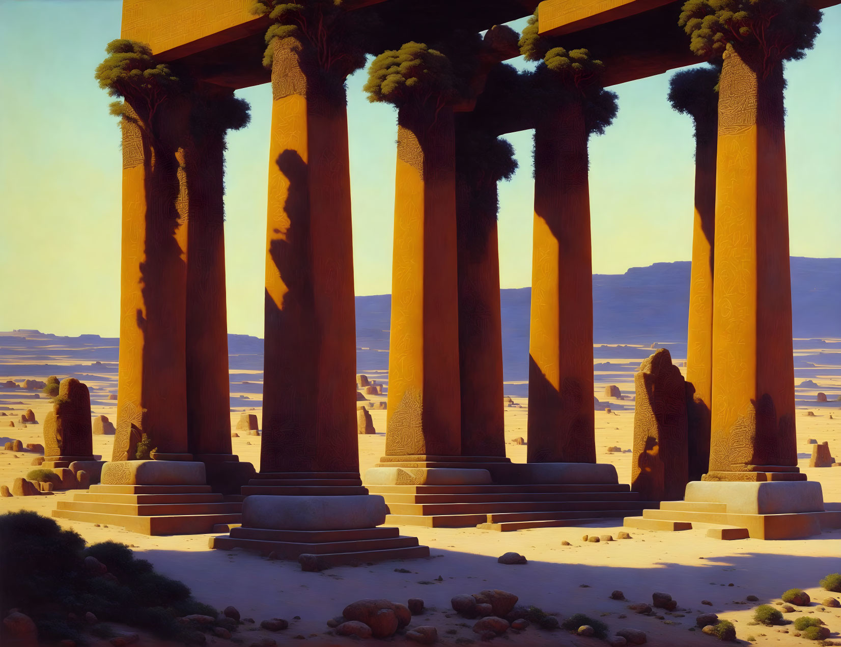 Stone pillars in desert landscape with palm trees and blue skies