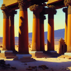 Stone pillars in desert landscape with palm trees and blue skies