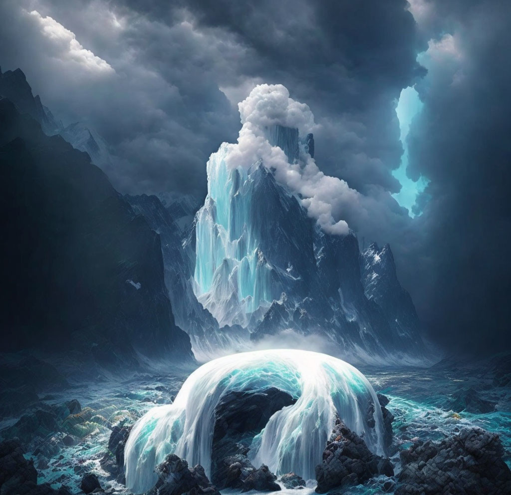 Mystical landscape with ice-covered peaks, stormy sky, blue archway, and dark seas