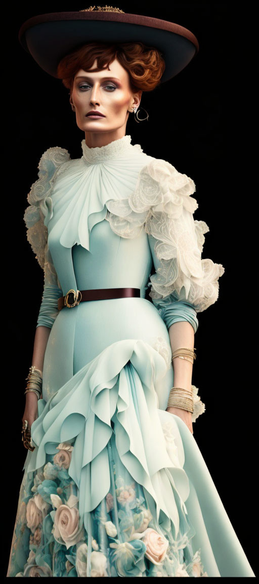 Victorian-inspired outfit with large hat and ruffled collar