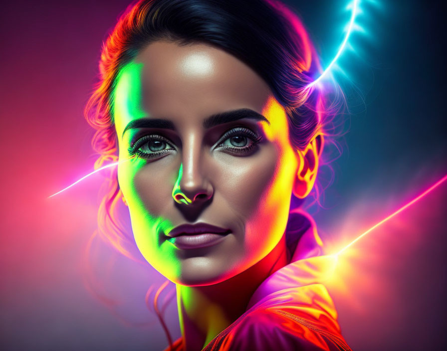 Colorful neon lights illuminate woman's face on dark background