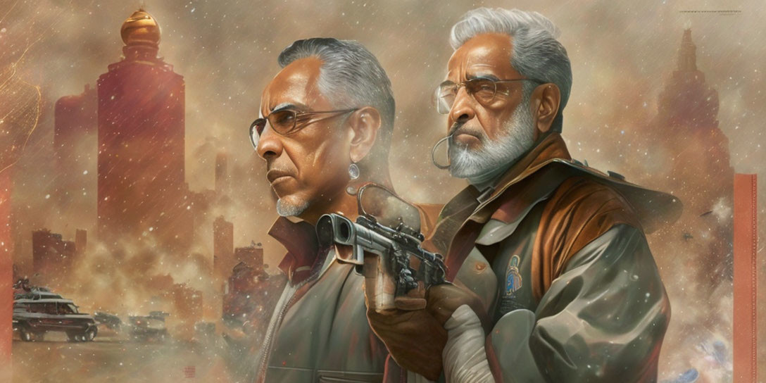 Two stern older men with gun in futuristic cityscape.