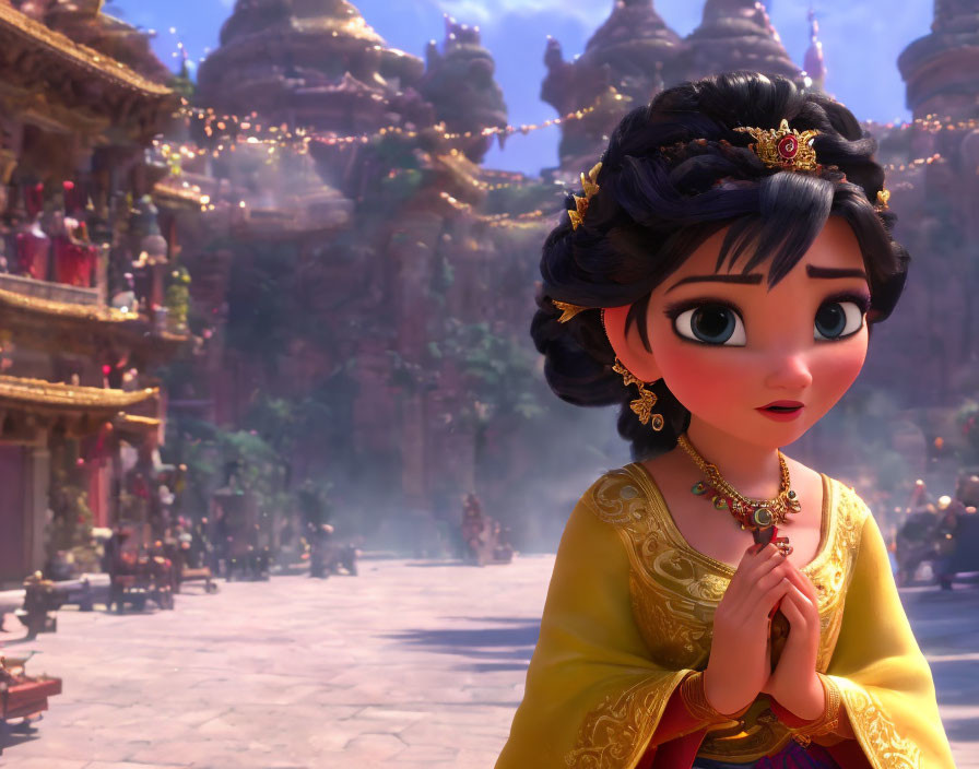 Animated girl with black hair in gold accessories and yellow attire, clasping hands, ornate buildings in