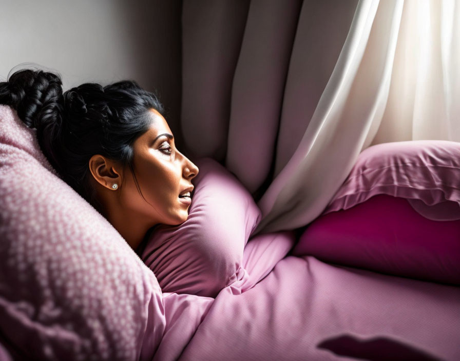 Woman lying in bed gazing out window with sheer curtains and warm light on her face