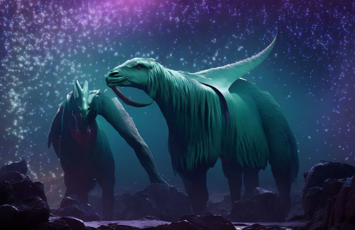 Majestic creatures with long fur and reptilian features under starry sky