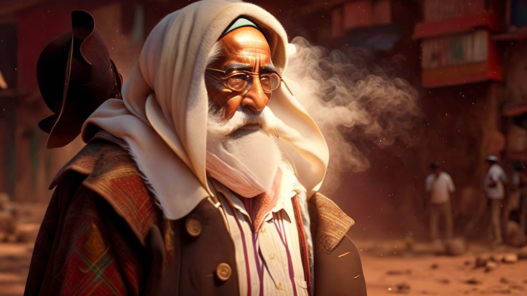 Elderly animated character with white beard and turban exhaling smoke