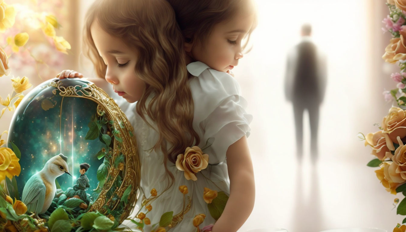 Digital artwork of young girl in magical mirror with boy and bird in whimsical world