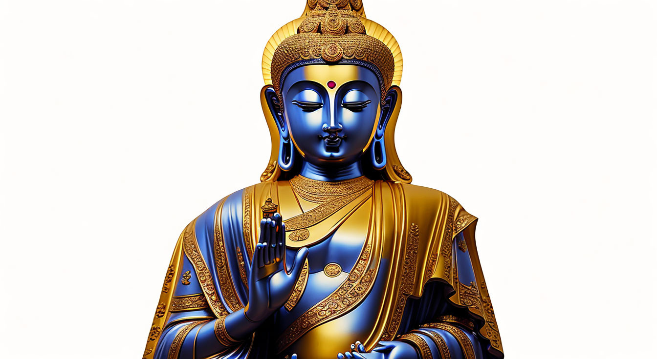 Serene blue-hued deity with golden adornments in traditional Buddhist style