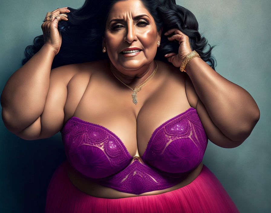 Plus-sized woman in purple bra and pink skirt posing confidently against dark backdrop