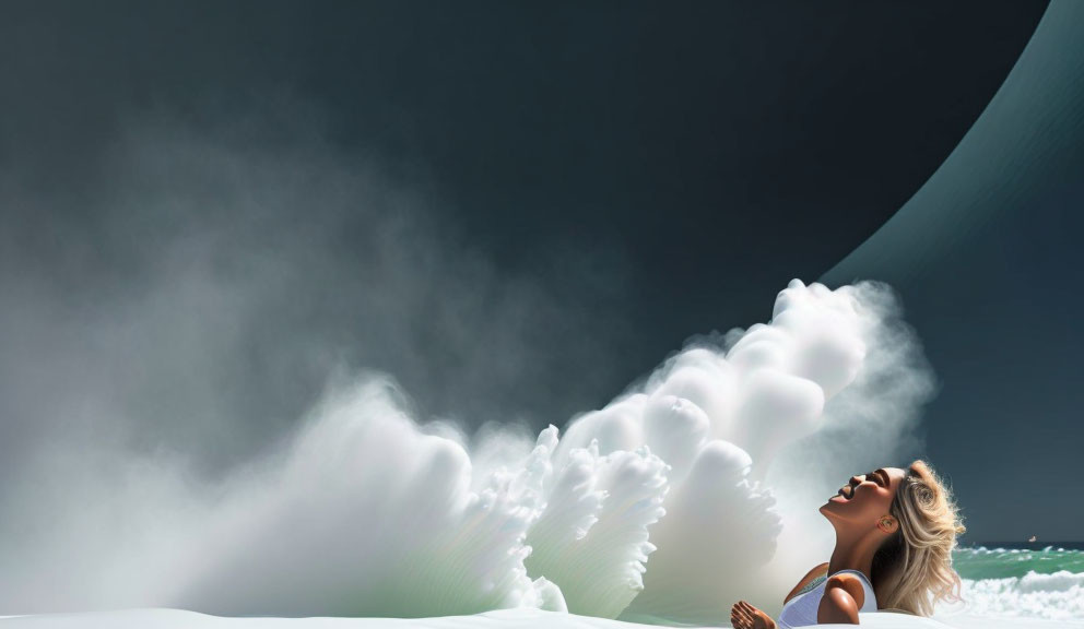 Woman gazing at surreal frozen waves in clear sky